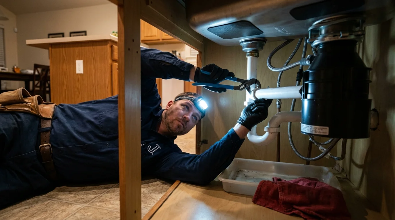 P-trap and supply line connections under a kitchen sink showing a common leak point in Midland, NC